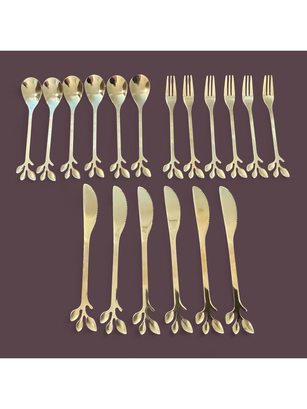 Gold Tone Stainless Leaf Coffee Dessert Appetizer Spoons Forks Knives Set of 18